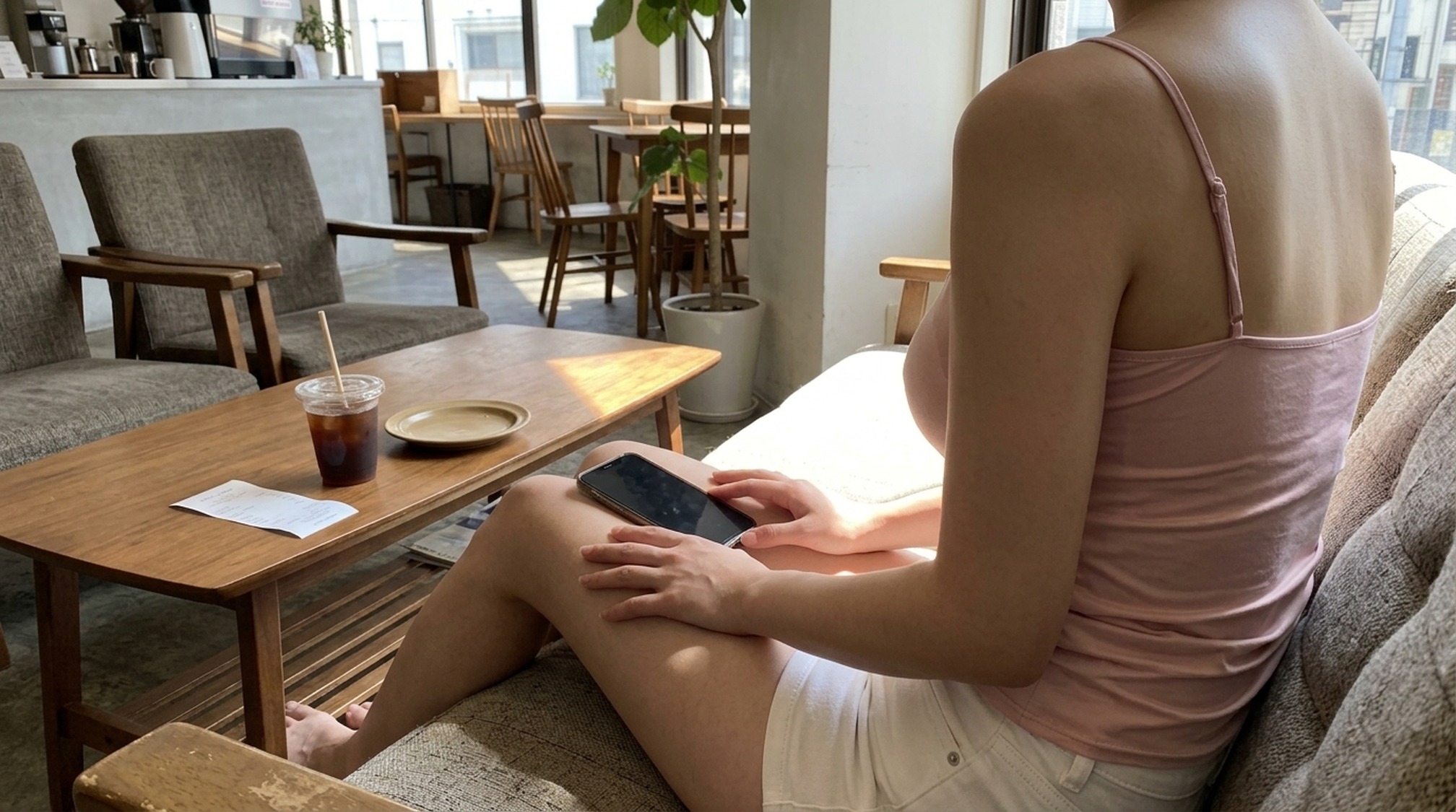 パパ活の始め方でプロフィールを作る男性がカフェで見るスマホ
