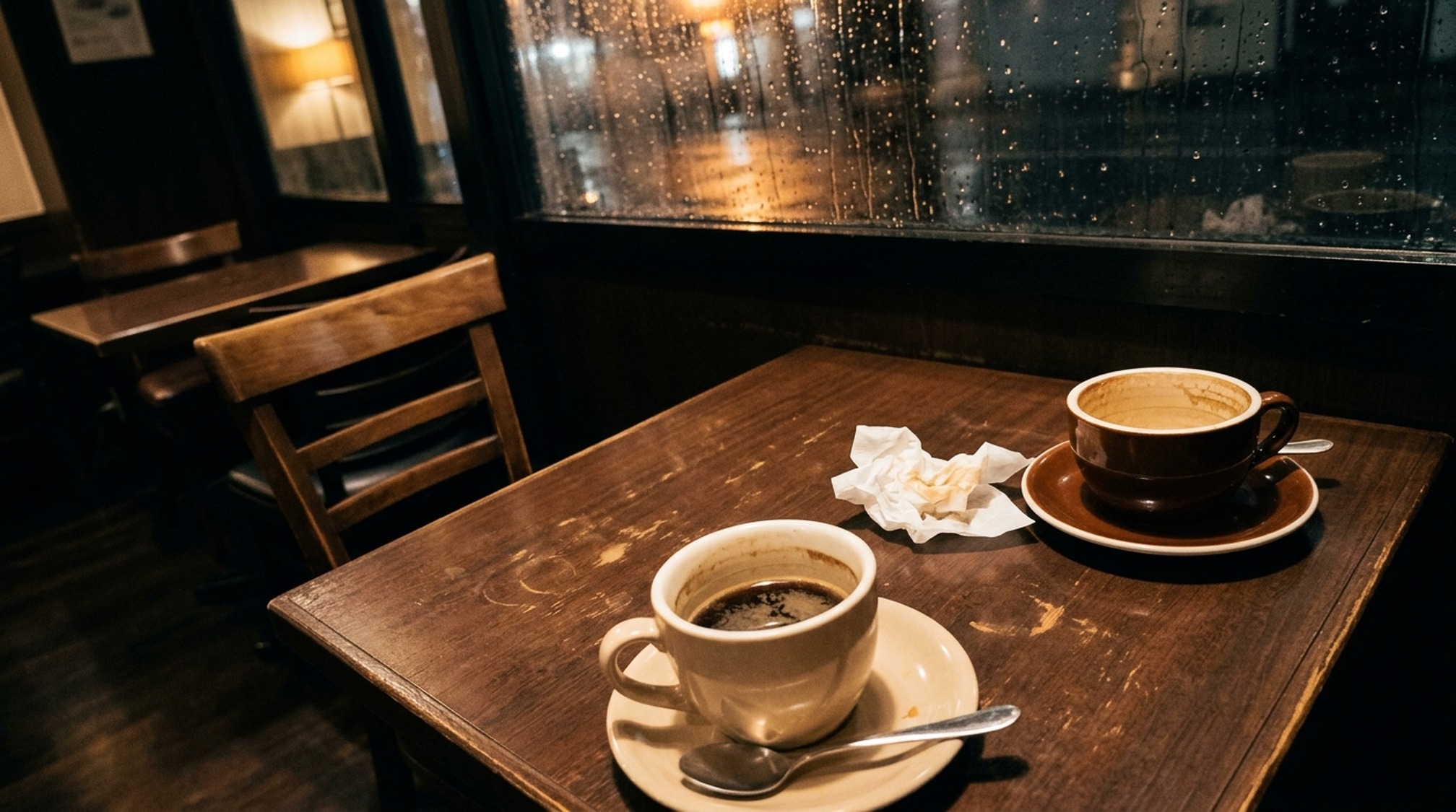 パパ活が違法になる詐欺や恐喝の場面を示す夜のカフェの席