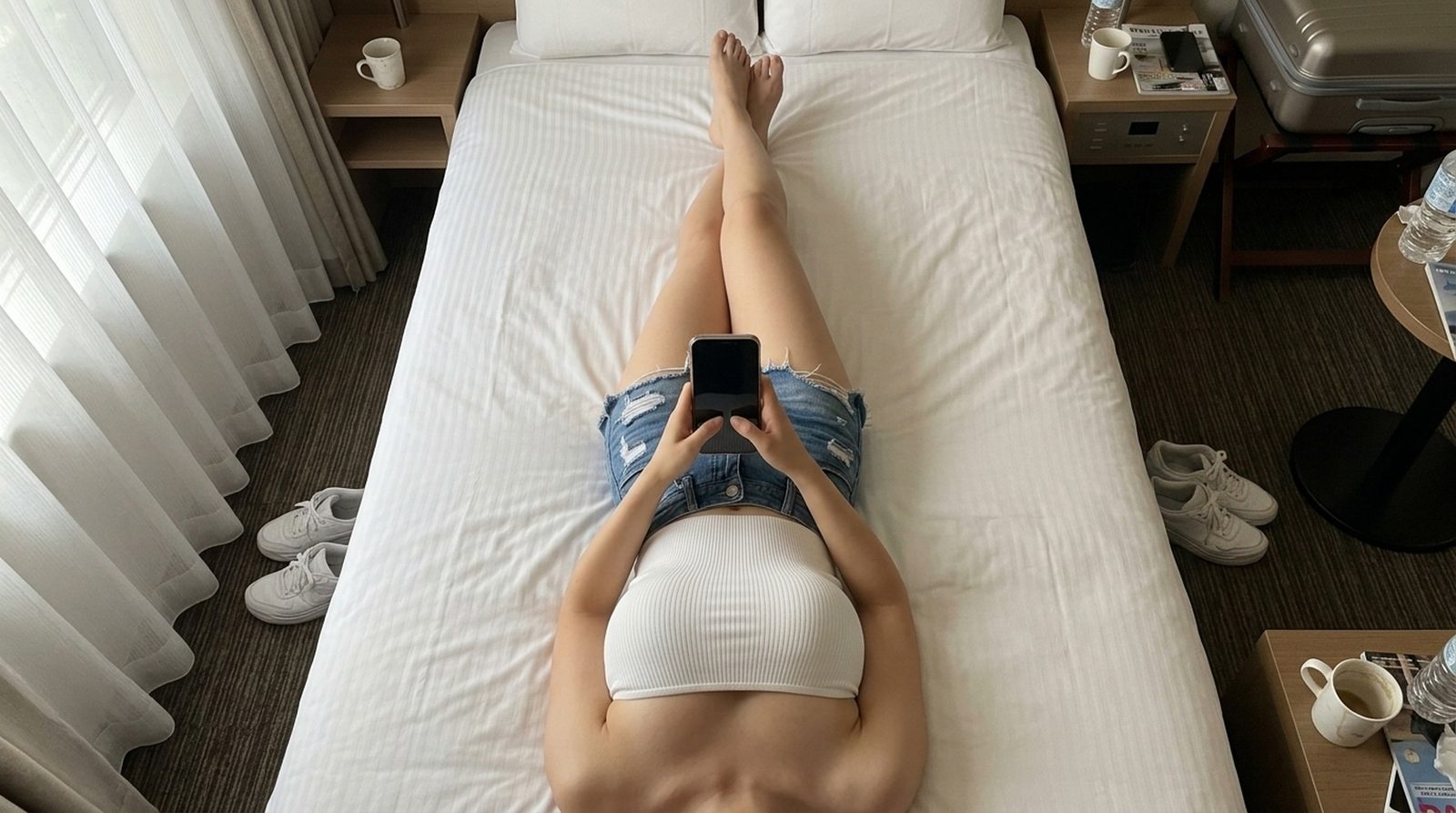 おすすめパパ活アプリで待ち合わせ前にスマホを見る女性
