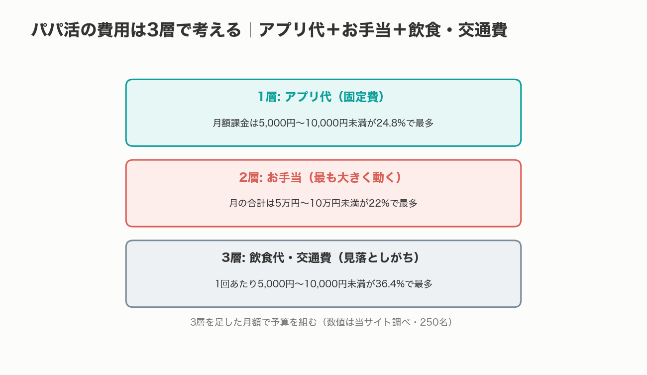 パパ活の費用を3層で考える図解(アプリ代・お手当・飲食交通費)